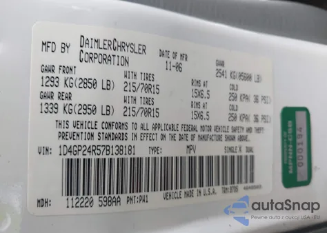 2007 Dodge Grand Caravan Se from USA, damaged, VIN 1D4GP24R57B138181